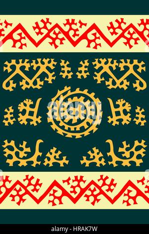 Tribal seamless pattern. Siberian folk geometric print with ornamental motifs of mansi people in their authentic colors red, golden and yellow on emer Stock Vector