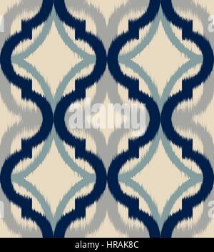 Traditional block printed ornament. Seamless floral pattern, handmade Russian folk motif with clover and blocks in navy blue and ecru. Textile print. Stock Vector