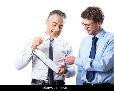 Businessman showing documents to his collegue and discussing on white background. Stock Photo