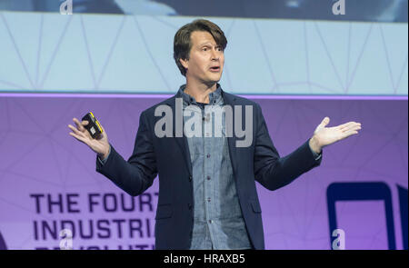 Barcelona, Spain. 28th Feb, 2017. Niantic CEO John Hanke speaking during the Mobile World Congress 2017. Credit: Victor Puig/Alamy Live News Stock Photo