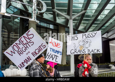 Vancouver, Canada. 28th Feb, 2017. Anti-Trump protestors. Trump Hotel Tower official opening, Vancouver, British Columbia, Canada. Credit: Michael Wheatley/Alamy Live News Stock Photo