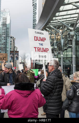 Vancouver, Canada. 28th Feb, 2017. The opening of the Trump international Hotel attracted a few hundred anti-Trump protesters unhappy with the 'Trump' name being associated with the City of Vancouver. Trump International Hotel. Credit: Gerry Rousseau/Alamy Live News Stock Photo