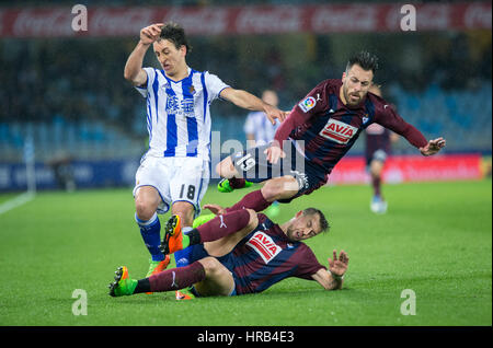 San Sebastian, Spain. 28th Feb, 2017. Match day of La Liga Santander 2016 - 2017 season between Real Sociedad and S.D Eibar, played Anoeta Stadium on Thursday, March 28th, 2017. San Sebastian, Spain. 19 A. Luna, 18 Oyarzabal, 20 Lejeune. Credit: VWPics/Alamy Live News Stock Photo