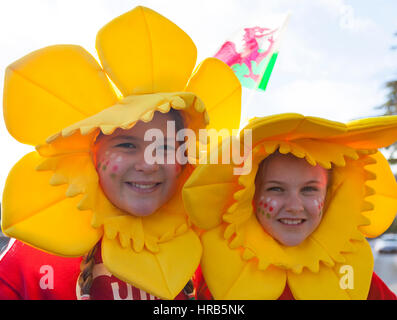 St David's Day celebrations as school children march through the town of Colwyn Bay, North Wales with welsh flags and daffodils Stock Photo