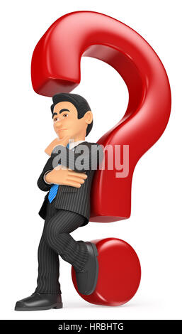 3d business people illustration. Businessman leaning on a question mark. Doubt concept. Isolated white background. Stock Photo