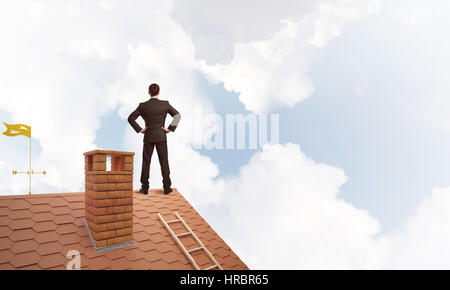 Mister boss on brick roof with arms akimbo. Mixed media Stock Photo