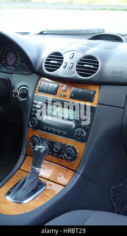 Mercedes Benz W209- year 2005, Elegance equipment, black metallic paint near a rock wall photo session, automatic gear box, navigation, heated seats Stock Photo