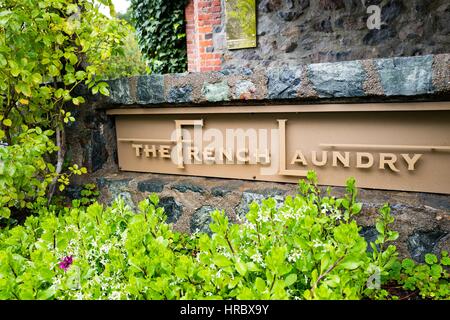 Signage for the French Laundry restaurant in Yountville, Napa Valley, California, operated by chef Thomas Keller and known for being one of the few restaurants in the United States to earn three Michelin stars, November 26, 2016. Stock Photo