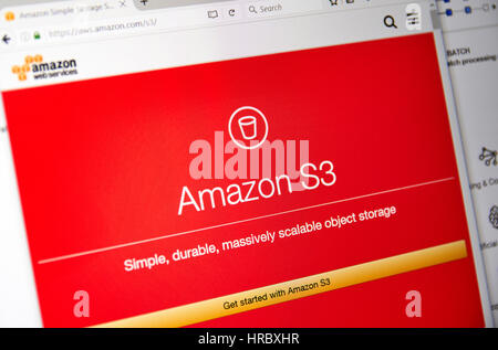 MONTREAL, CANADA - FEBRUARY 28, 2017: Amazon Web Services homepage. AWS is a secure cloud services platform, offering compute power, database storage, Stock Photo