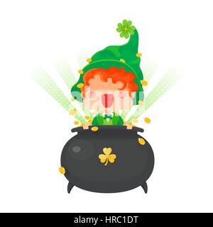 Vector Illustration of St. Patrick's Day Happy Leprechaun with Pot of Gold Coins for Greeting Card. Stock Vector