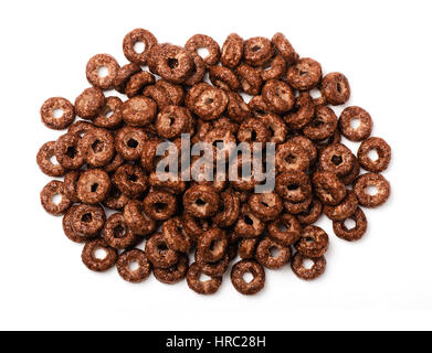 Chocolate corn rings isolated on white background. Breakfast view from above. Stock Photo