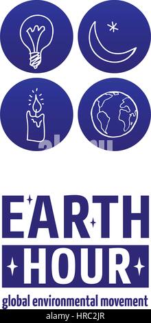 Earth Hour Movement. Vector illustration, template for banner, poster or card. Text and four icons of light bulb, star with crescent, candle and globe Stock Vector