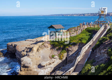 Stairs leading down to Shell Beach. View of the  La Jolla, California coastline on a winter day. Stock Photo