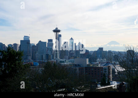 SEATTLE, WASHINGTON, USA - JAN 23rd, 2017: Seattle skyline panorama seen from Kerry Park during the morning light with Mount Rainier in the background Stock Photo