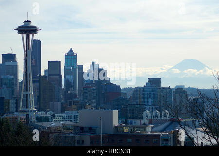 SEATTLE, WASHINGTON, USA - JAN 23rd, 2017: Seattle skyline panorama seen from Kerry Park during the morning light with Mount Rainier in the background Stock Photo