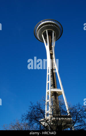 SEATTLE, WASHINGTON, USA - JAN 23rd, 2017: Space Needle against a blue sky clear day as viewed from the ground Stock Photo