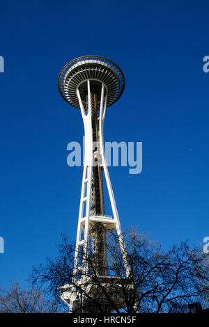 SEATTLE, WASHINGTON, USA - JAN 23rd, 2017: Space Needle against a blue sky clear day as viewed from the ground Stock Photo