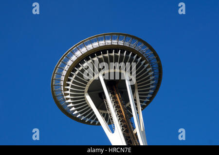 SEATTLE, WASHINGTON, USA - JAN 23rd, 2017: Space Needle against a blue sky clear day as viewed from the ground