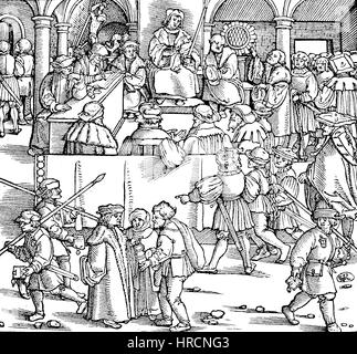 A court ruling, in the foreground the court of justice and in the background on the left it shows the torture, printed about 1530 in Strasbourg, France, Germany. The title of an old court rules book., reproduction of an woodcut from the 19th century, 1885 Stock Photo