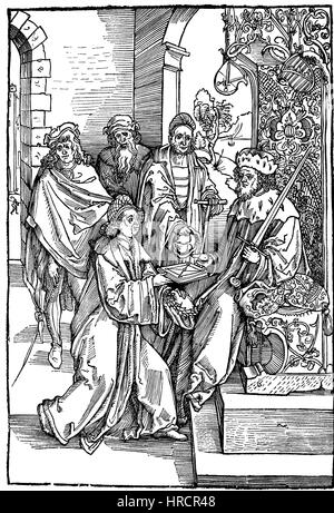 Conrad Celtis, Konrad Celtes, Protucius, hands over Emperor Friedrich III. his works, facsimile of the woodcut of Albrecht Duerer, printed in Nuremberg, 1501, Germany, cover picture in, Opera Hrosvite , reproduction of an woodcut from the 19th century, 1885 Stock Photo