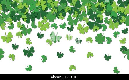 Seamless pattern with shamrock clover falling leaves isolated on white background. Stock Vector