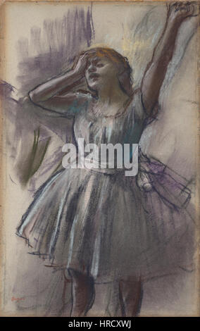 'Dancer Stretching' by Edgar Degas captures the moment a ballerina stretches before her performance, showcasing Degas' mastery in depicting movement and the human form. The use of soft colors and focus on the figure’s grace illustrates his unique approach to ballet scenes and the intimacy of daily life in the ballet studio. Stock Photo