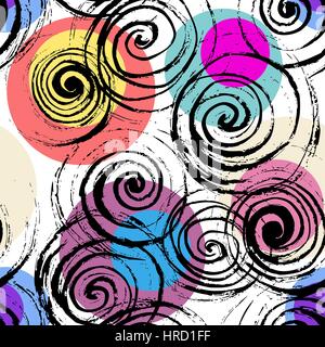 Abstract geometric spiral background. Swirl seamless pattern. Hand drawn black spirals on colorful circles, free layout. Vibrant color explosion tones. Stock Vector