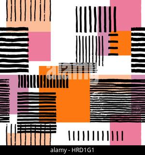 Striped geometric seamless pattern. Hand drawn uneven black stripes on colorful rectangles, free layout. Pink and orange tones. Textile design. Stock Vector