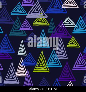 Triangle geometric seamless vector pattern. Hand drawn uneven triangles, free layout, relaxed geometry. Purple and green colors. Textile design. Stock Vector