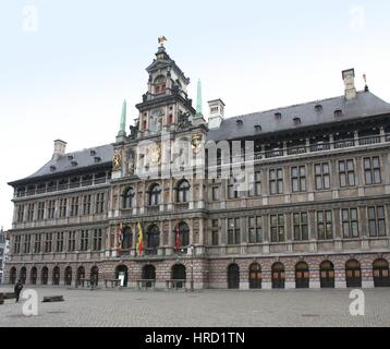 Monumental 16th century renaissance City Hall (Stadhuis van Antwerpen), Antwerp, Belgium (stitched image) Stock Photo