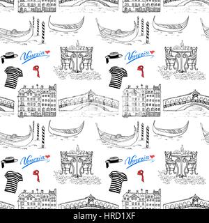 Venice Italy seamless pattern. Hand drawn sketch with gondolas, gondolier clothes, houses, market bridge and cafe table with chairs. Doodle drawing is Stock Vector