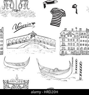 Venice Italy seamless pattern. Hand drawn sketch with gondolas, gondolier clothes, houses, market bridge and cafe table with chairs. Doodle drawing is Stock Vector