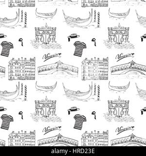 Venice Italy seamless pattern. Hand drawn sketch with gondolas, gondolier clothes, houses, market bridge and cafe table with chairs. Doodle drawing is Stock Vector