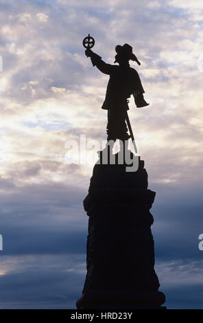 Silhouette of statue of Samuel de Champlain holding an astrolabe , Ottawa, Ontario, Canada Stock Photo