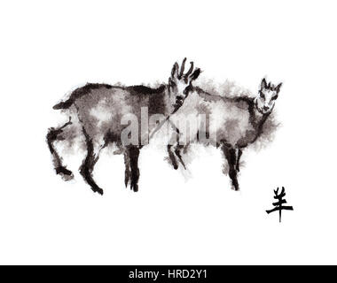 Two chamois goats male and female oriental ink painting with Chinese hieroglyph 'goat'. Symbol of the new year of goat, sheep. Stock Photo