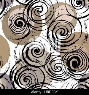 Abstract spiral background. Swirl seamless pattern. Hand drawn black spirals on colorful circles, free layout. Taupe tones. Textile design. Stock Vector