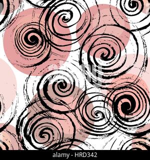Abstract spiral background. Swirl seamless pattern. Hand drawn black spirals on colorful circles, free layout. Skin tones. Textile design. Stock Vector