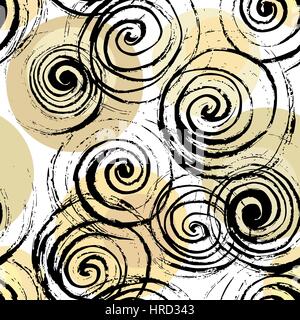 Abstract spiral background. Swirl seamless pattern. Hand drawn black spirals on colorful circles, free layout. Golden tones. Textile design. Stock Vector
