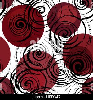 Abstract spiral background. Swirl seamless pattern. Hand drawn black spirals on colorful circles, free layout. Red tones. Textile design. Stock Vector