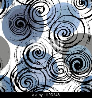 Abstract spiral background. Swirl seamless pattern. Hand drawn black spirals on colorful circles, free layout. Gray tones. Textile design. Stock Vector