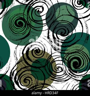 Abstract spiral background. Swirl seamless pattern. Hand drawn black spirals on colorful circles, free layout. Green  tones. Textile design. Stock Vector