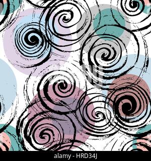 Abstract spiral background. Swirl seamless pattern. Hand drawn black spirals on colorful circles, free layout. Purple and gray  tones. Textile design. Stock Vector