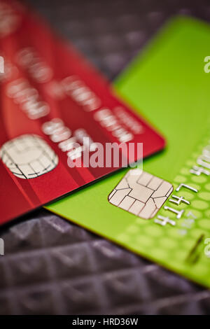 Credit cards with focus on smart chip Stock Photo