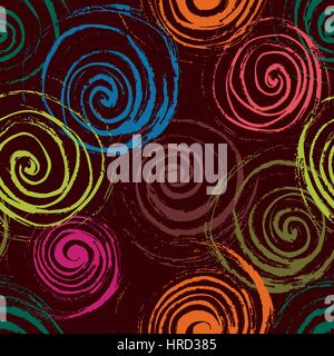 Swirl seamless pattern. Hand drawn spirals, free layout. Colors of rainforest on bordeaux background. Textile design. Stock Vector