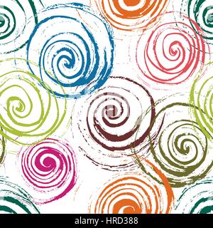 Swirl seamless pattern. Hand drawn spirals, free layout. Colors of flowers on white background. Textile design. Stock Vector