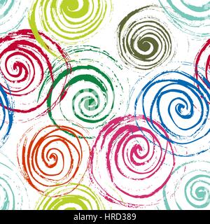 Swirl seamless pattern. Hand drawn  spirals, free layout. Colors of rain forest on white background. Textile design. Stock Vector