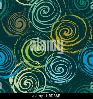 Swirl seamless pattern. Hand drawn spirals, free layout. Colors of mint and seaside on green background. Textile design. Stock Vector