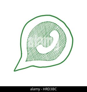 Green phone handset in speech bubble hand drawn icon, vector illustration isolated on white background Stock Vector