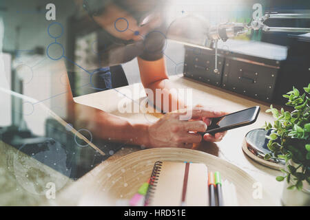 Man using VOIP headset with digital tablet computer docking smart keyboard, concept communication, it support, call center and customer service help d Stock Photo