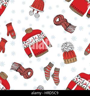 Winter season doodle clothes seamless pattern. Hand drawn sketch elements warm raindeer sweater socks, gloves and hats. vector background illustration Stock Vector